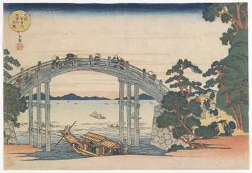 Ponte de pedra sobre o rio Aji no Monte Tenpo, período Edo 1834 (impressão em xilogravura a cores)